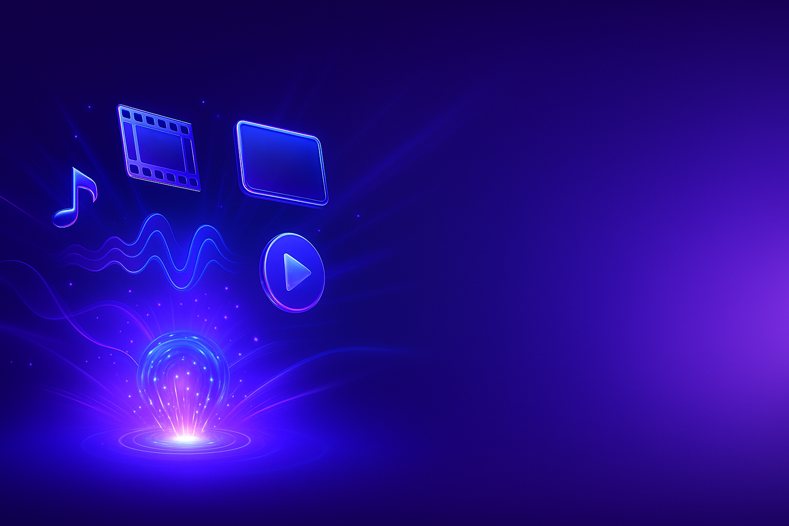 Minimalist futuristic 3D glossy header illustration. On the left side, holographic entertainment elements—floating film strips 🎞️, music waves 🎵, play icons ▶️, and digital screens—emerging from a glowing AI core. The scene is illuminated with neon violet, deep purple, and electric blue accents (cinematic + tech aesthetic). Subtle light beams and particle trails connect the icons, symbolizing AI transforming digital entertainment. Background with a smooth gradient from midnight blue to vibrant violet. Wide horizontal composition (1200x630 px) with clean empty space on the right for blog title text. Highly polished, modern, high-resolution .png format.