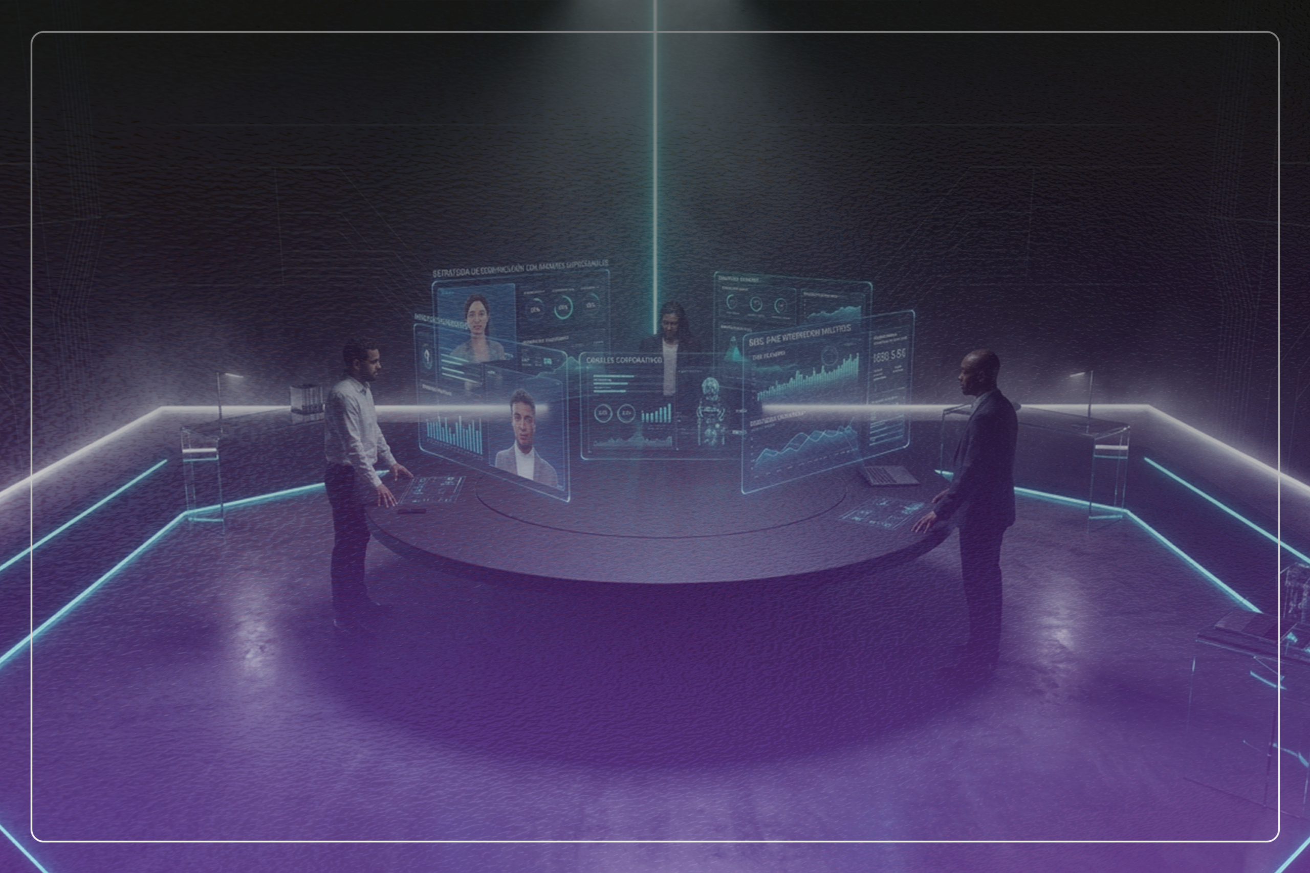 Estrategia de comunicación con avatares empresariales visualizada mediante paneles holográficos y analítica de audiencia en tiempo real en ANIMA_mo.